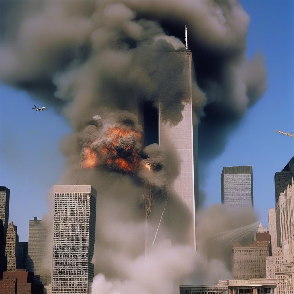 9/11 World Trade Center Attack - A photograph capturing the moment of impact as one of the planes hits the World Trade Center.