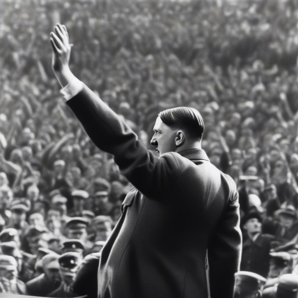 Adolf Hitler delivering a speech at a Nuremberg Rally