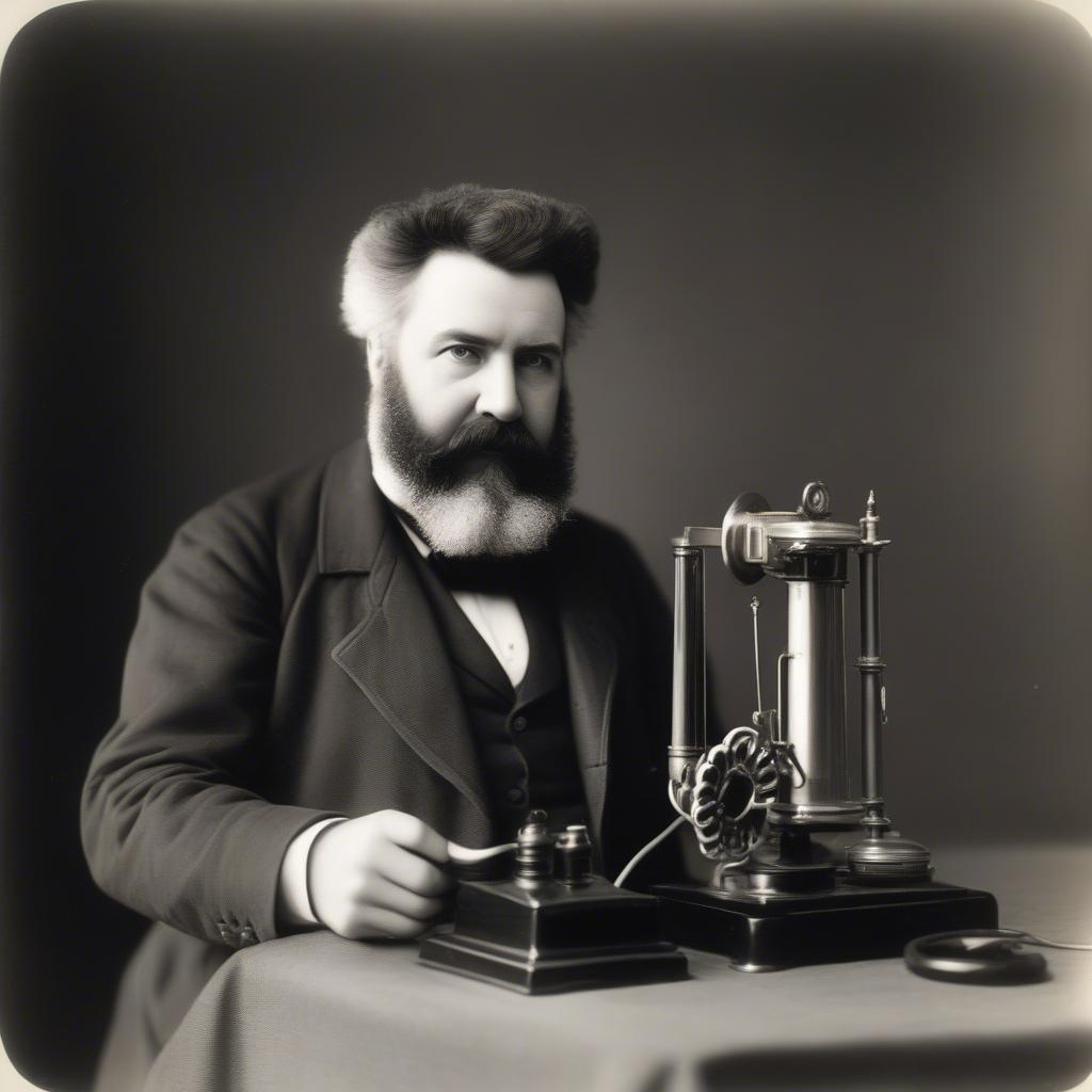 Alexander Graham Bell with the first telephone