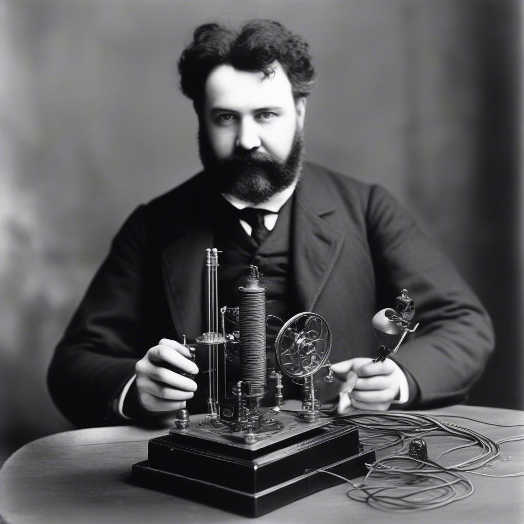 Alexander Graham Bell with his first telephone invention