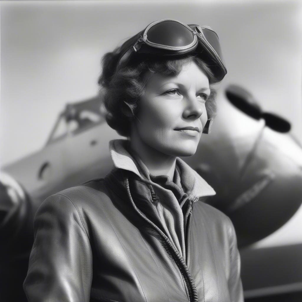 Amelia Earhart, a pioneering aviator, in her pilot's gear, ready for a flight.