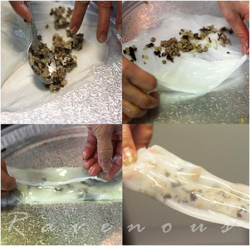 Steaming banh cuon batter on a cloth-covered pot