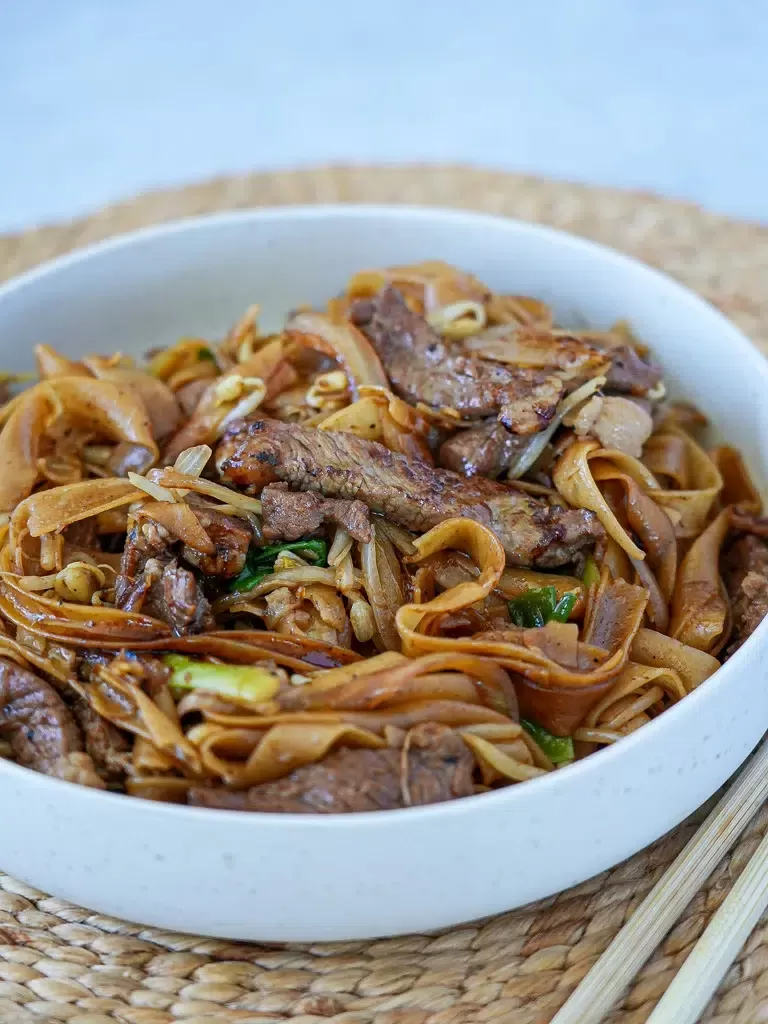 Close-up of Beef Stir-Fried Flat Noodles