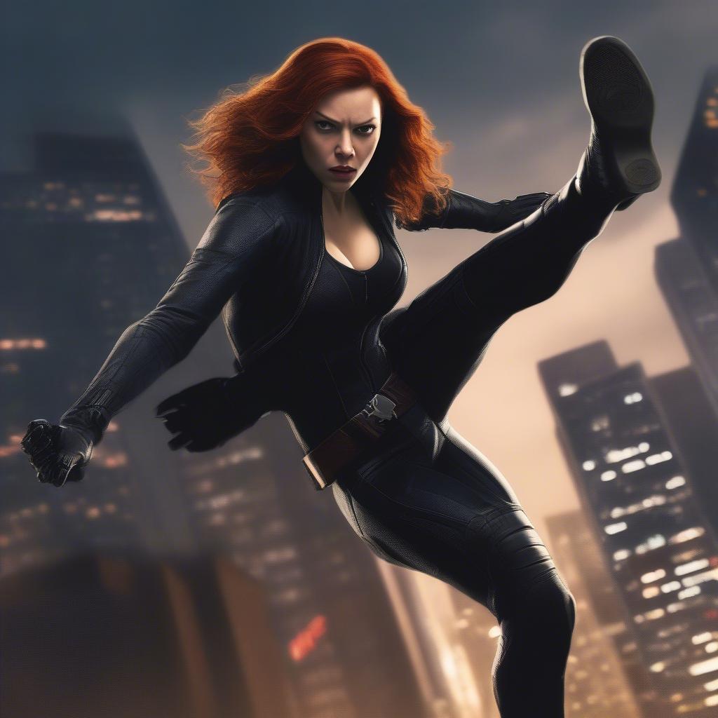 Black Widow engaged in a dynamic fight scene in an MCU movie