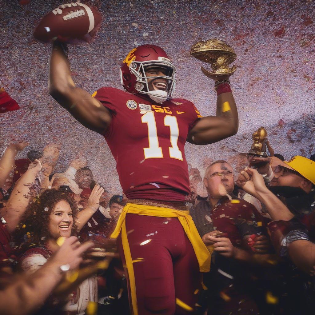 Caleb Williams celebrates his 2023 Heisman Trophy win