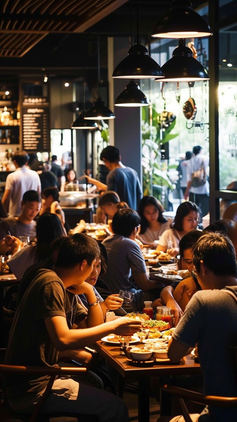 Vibrant interior of Com Com Restaurant with bustling atmosphere