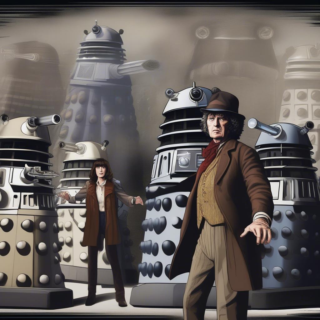 Doctor Who and Sarah Jane Smith Facing Daleks