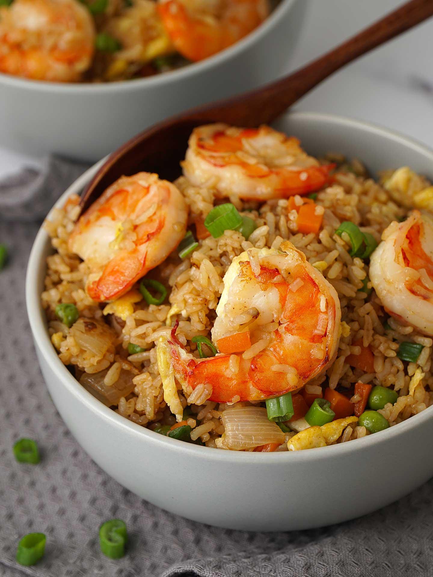Close-up of Egg Fried Rice with King Prawns