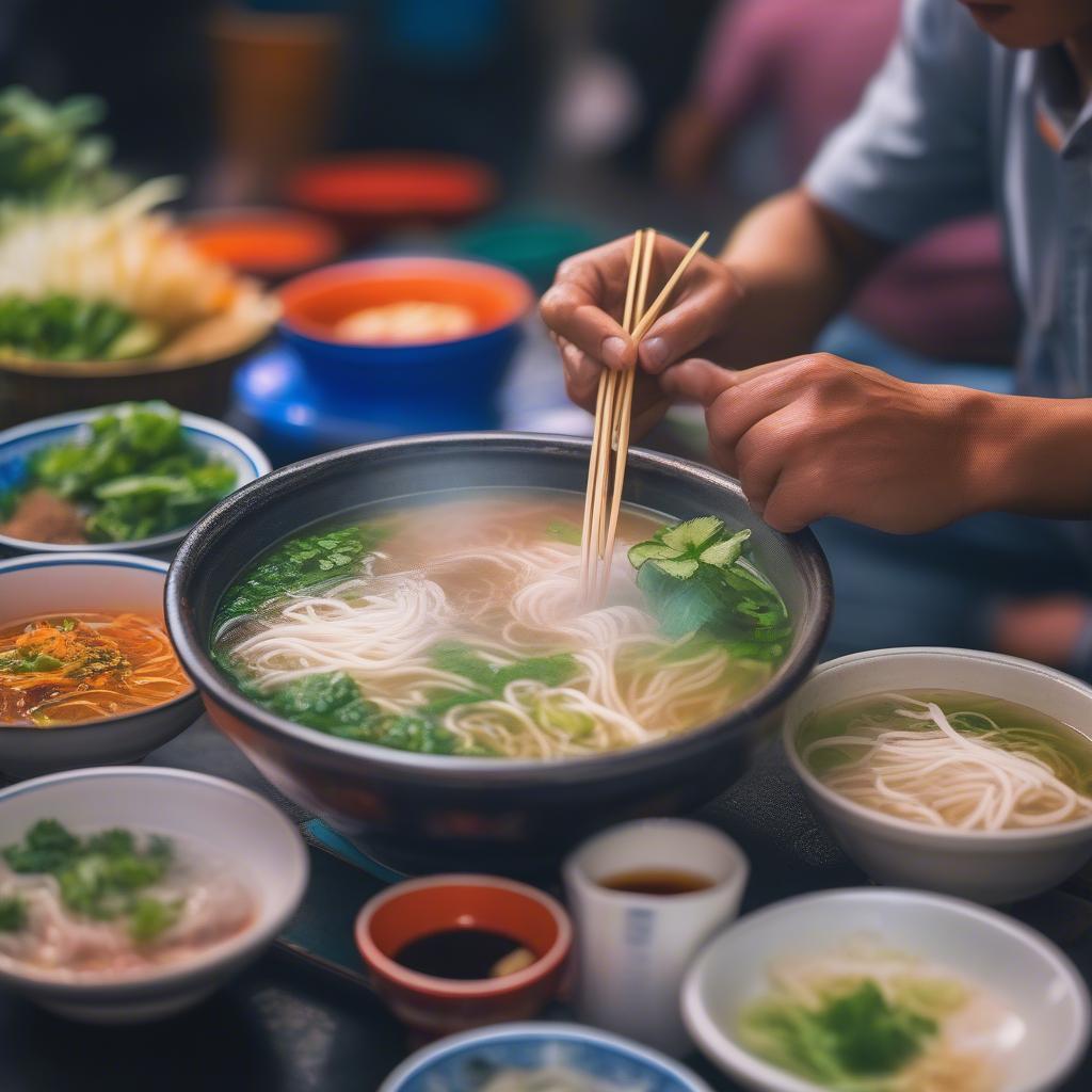 Enjoying a delicious bowl of pho on a bustling Hanoi street