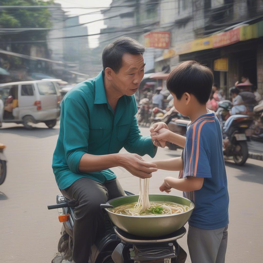 Father and Son Enjoying Vietnamese Street Food
