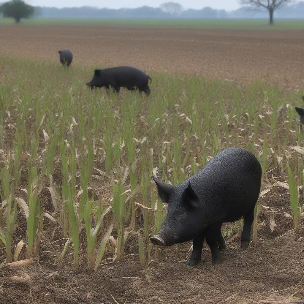 Feral pigs destroying a cornfield