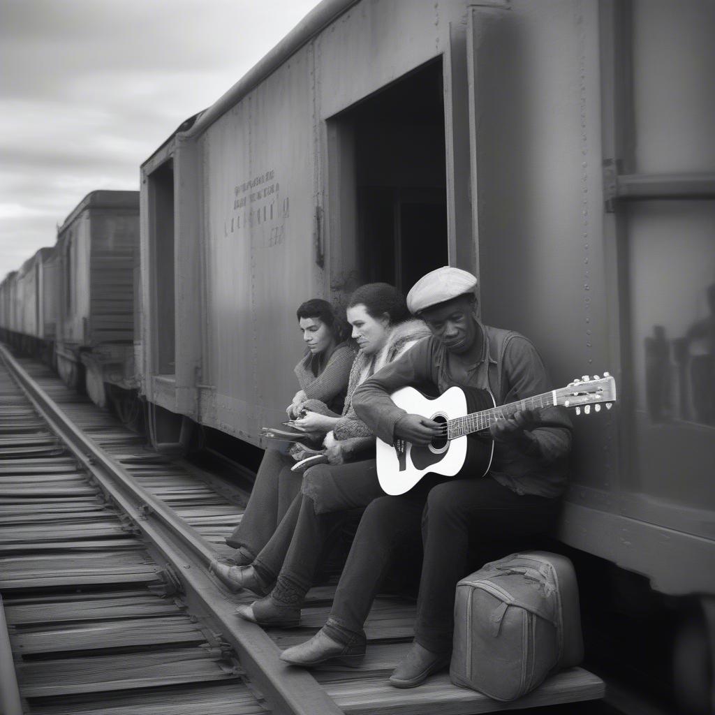 Folk Musician Playing Guitar on a Train