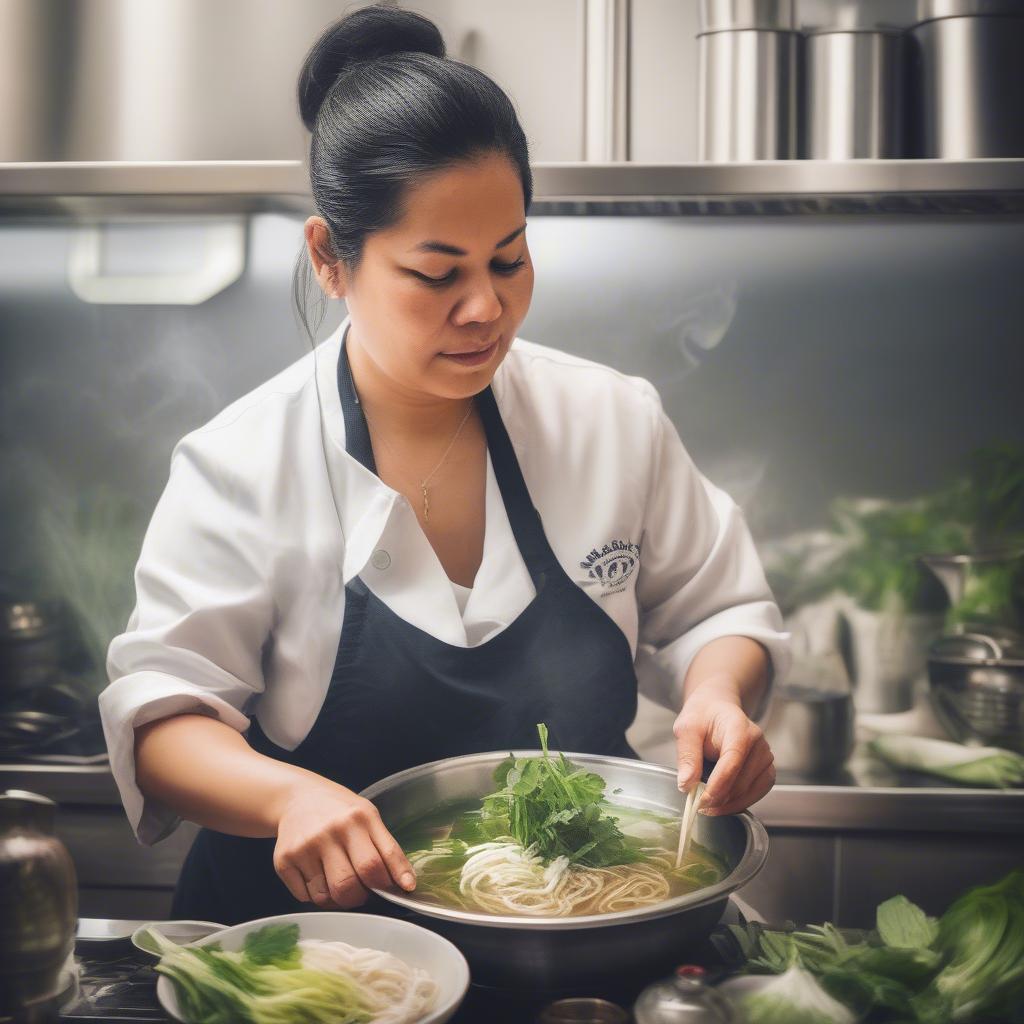 Chef Shiva preparing pho in Com Com Restaurant's kitchen