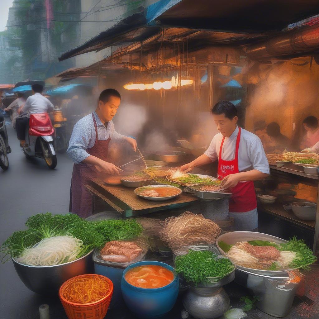 Hanoi street food vendors preparing Pho and Bun Cha