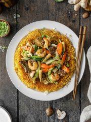 Close-up of Mi Xao Chay Vegetables at Com Com Restaurant