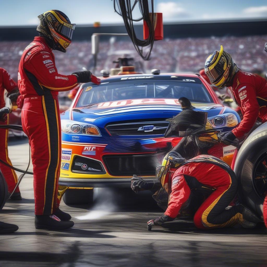 NASCAR pit crew performing a tire change during a race