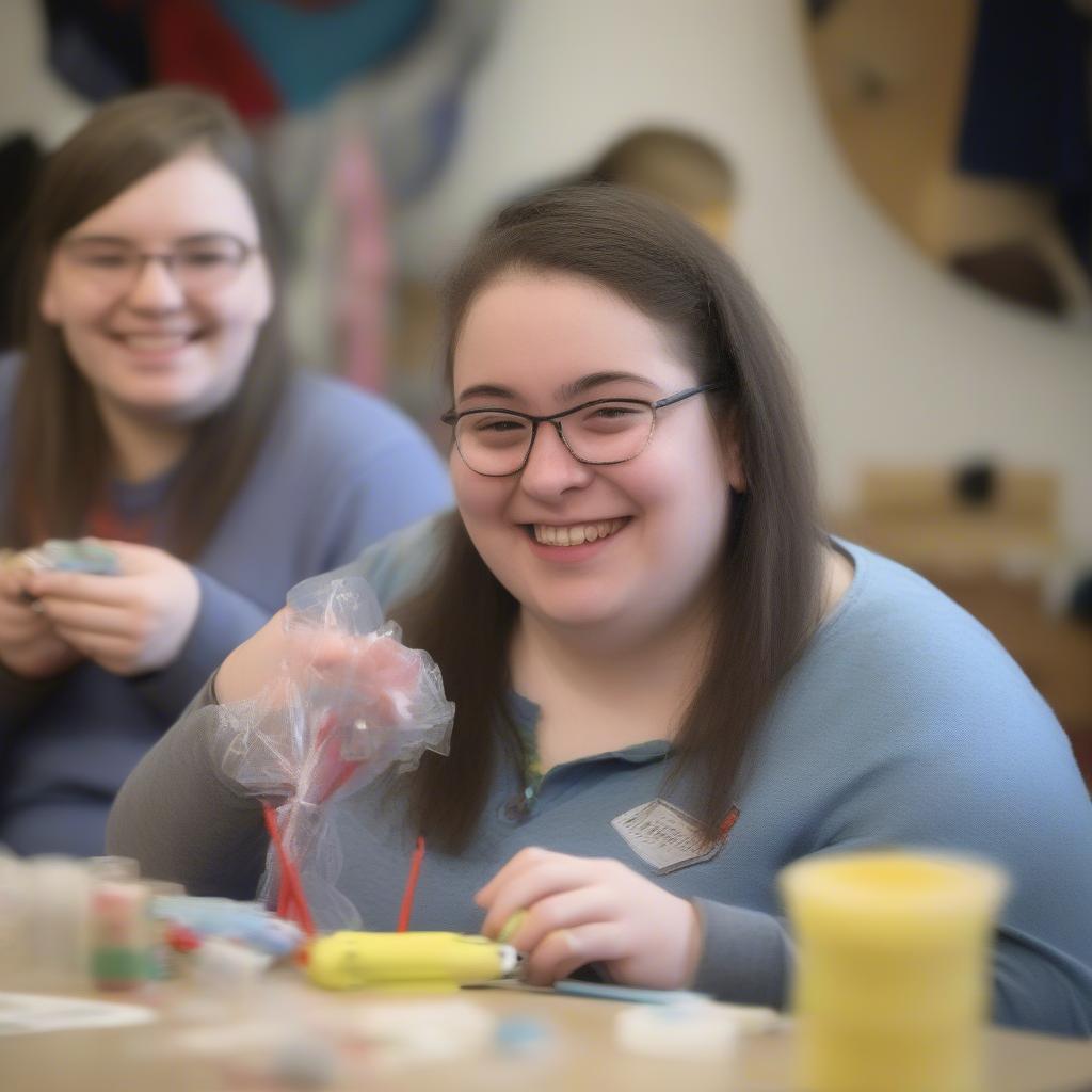 A person with an intellectual disability smiling brightly