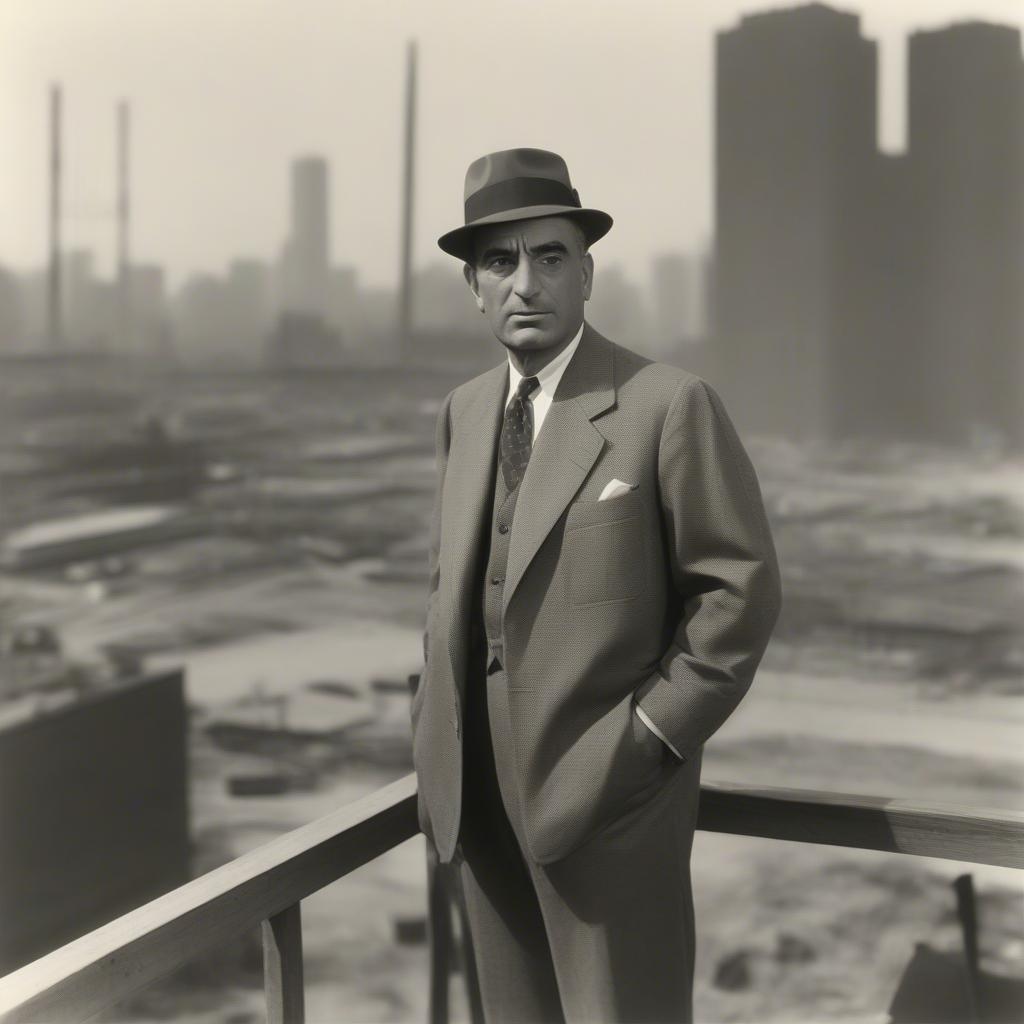 Robert Moses overlooking a New York City construction site during his era of influence as detailed in "The Power Broker".