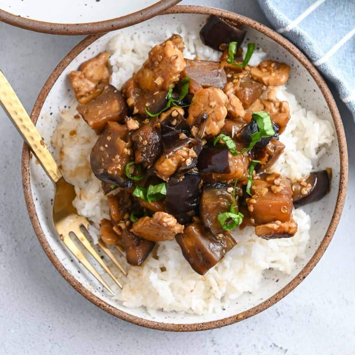 Close-up of Stir-fried Aubergine and Tofu with Rice