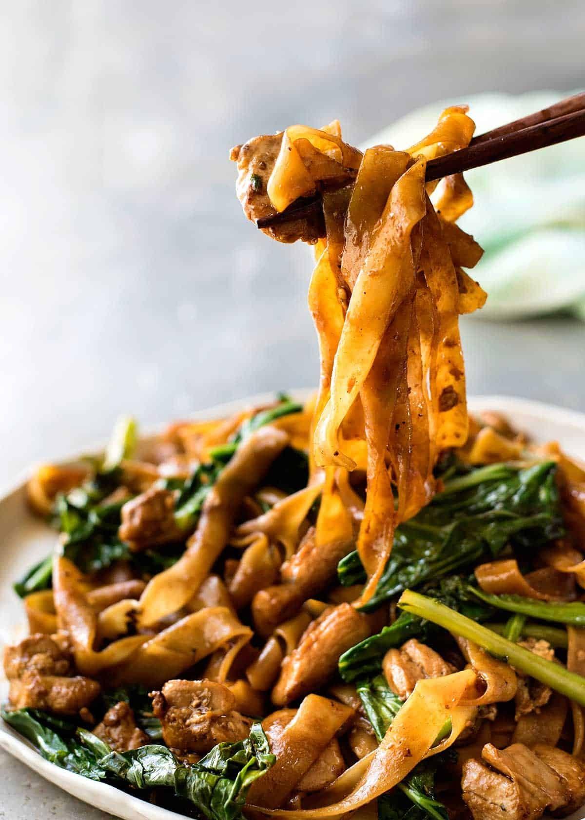 Stir-Fried Rice Noodles with Soy Sauce in a Wok
