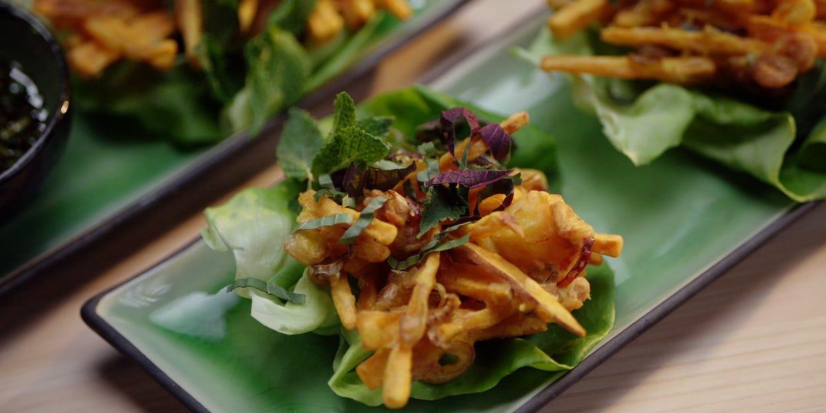 Fresh ingredients for Vietnamese sweet potato shrimp pancakes at Com Com Restaurant