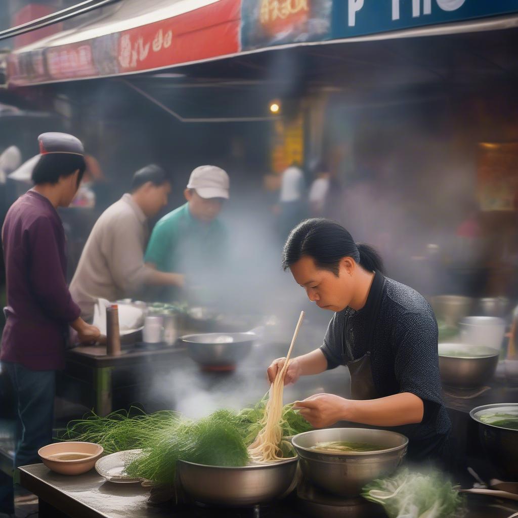 A steaming bowl of Vietnamese Pho on a street food stall.