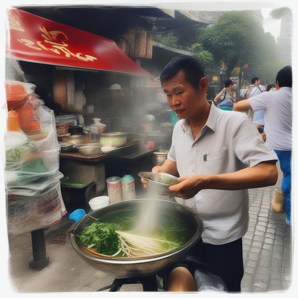 Vietnamese Street Food: A Pho Vendor Preparing a Bowl of Pho