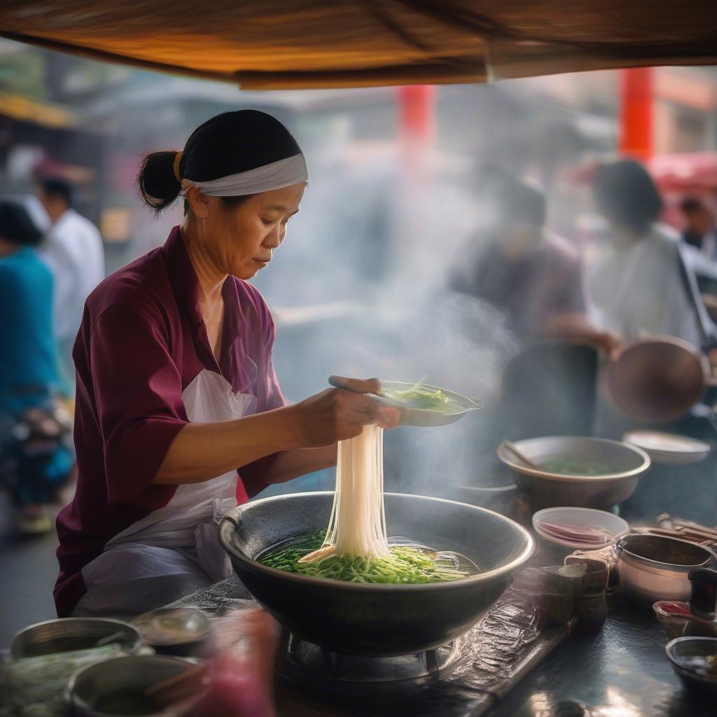 Vietnamese street food vendor preparing Pho