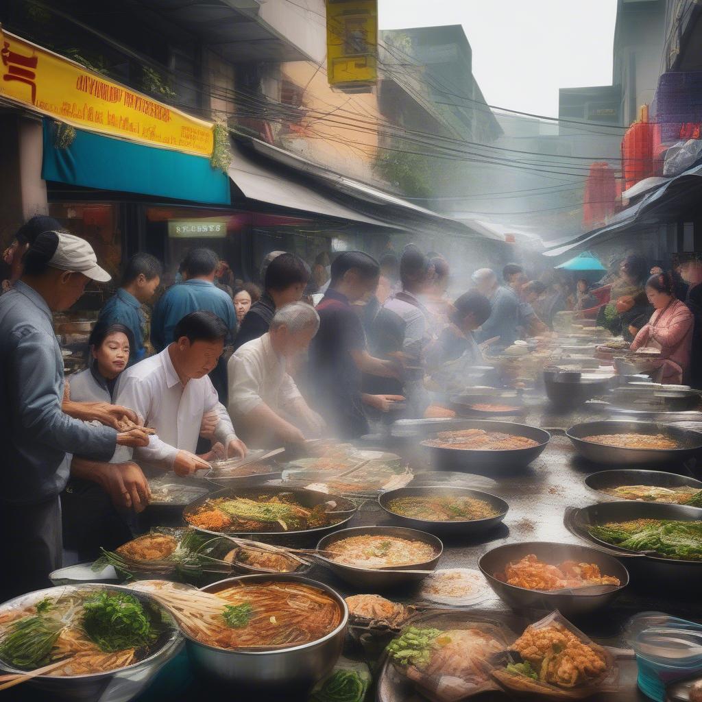 Vibrant Vietnamese street food vendors preparing and serving delicious dishes.