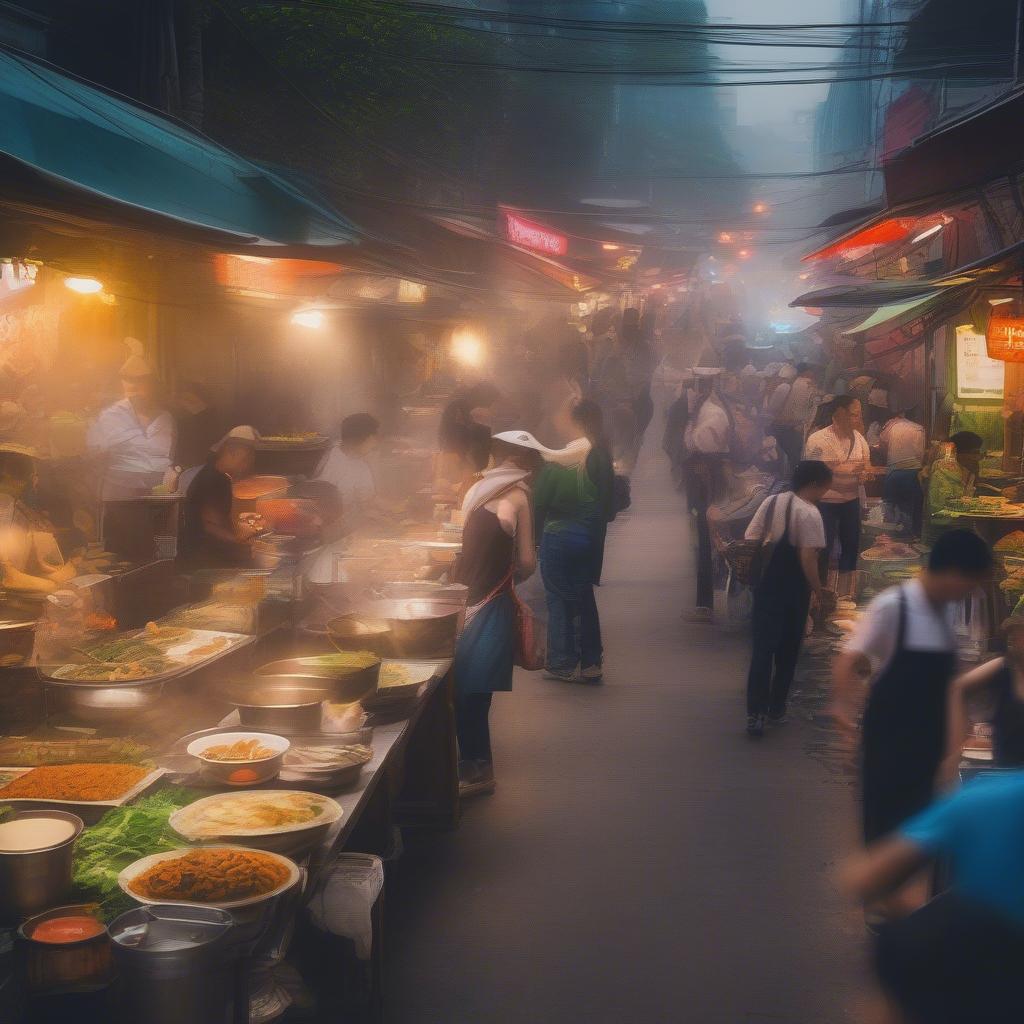 Vietnamese street food vendors preparing and serving various dishes