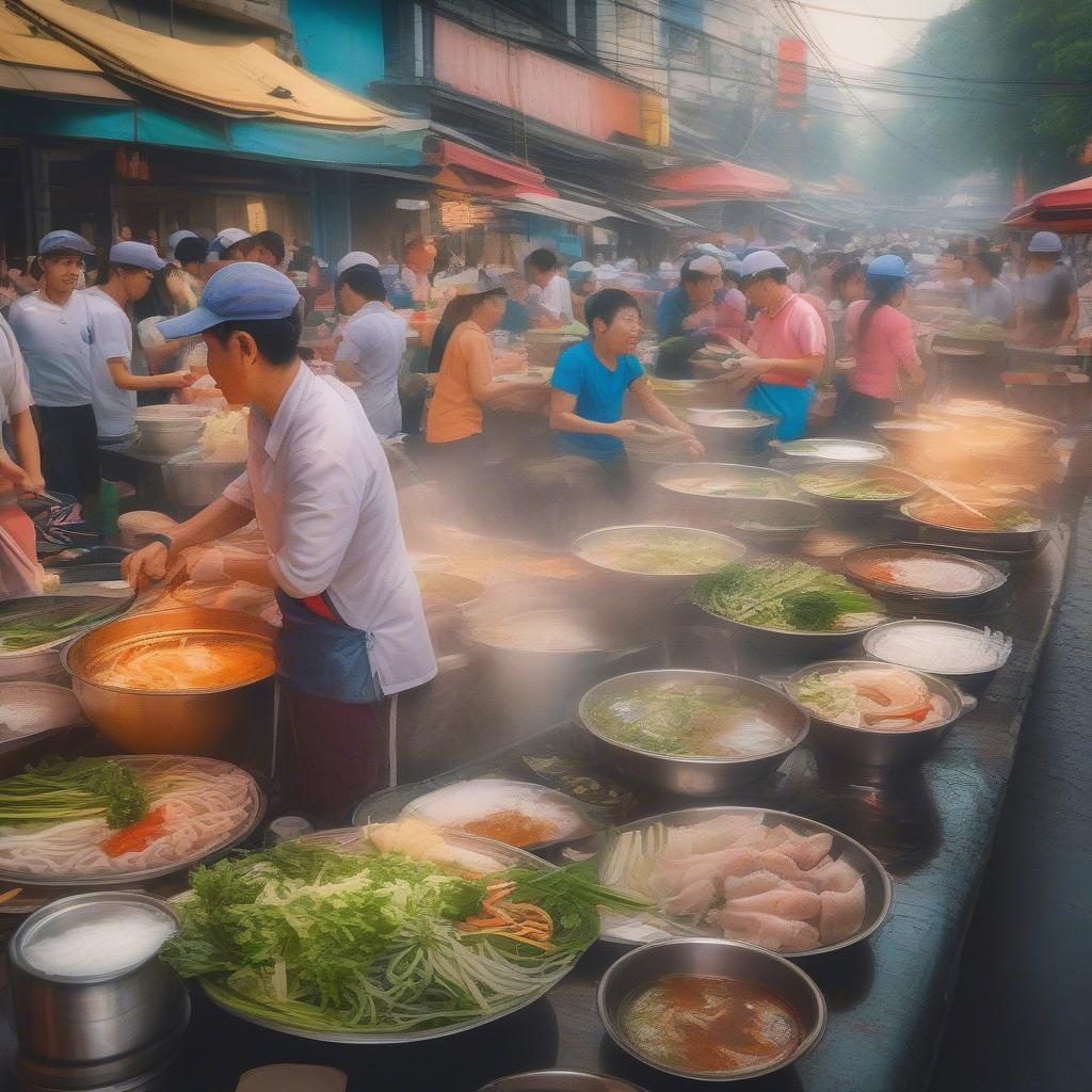 Vietnamese street food vendors preparing fresh dishes