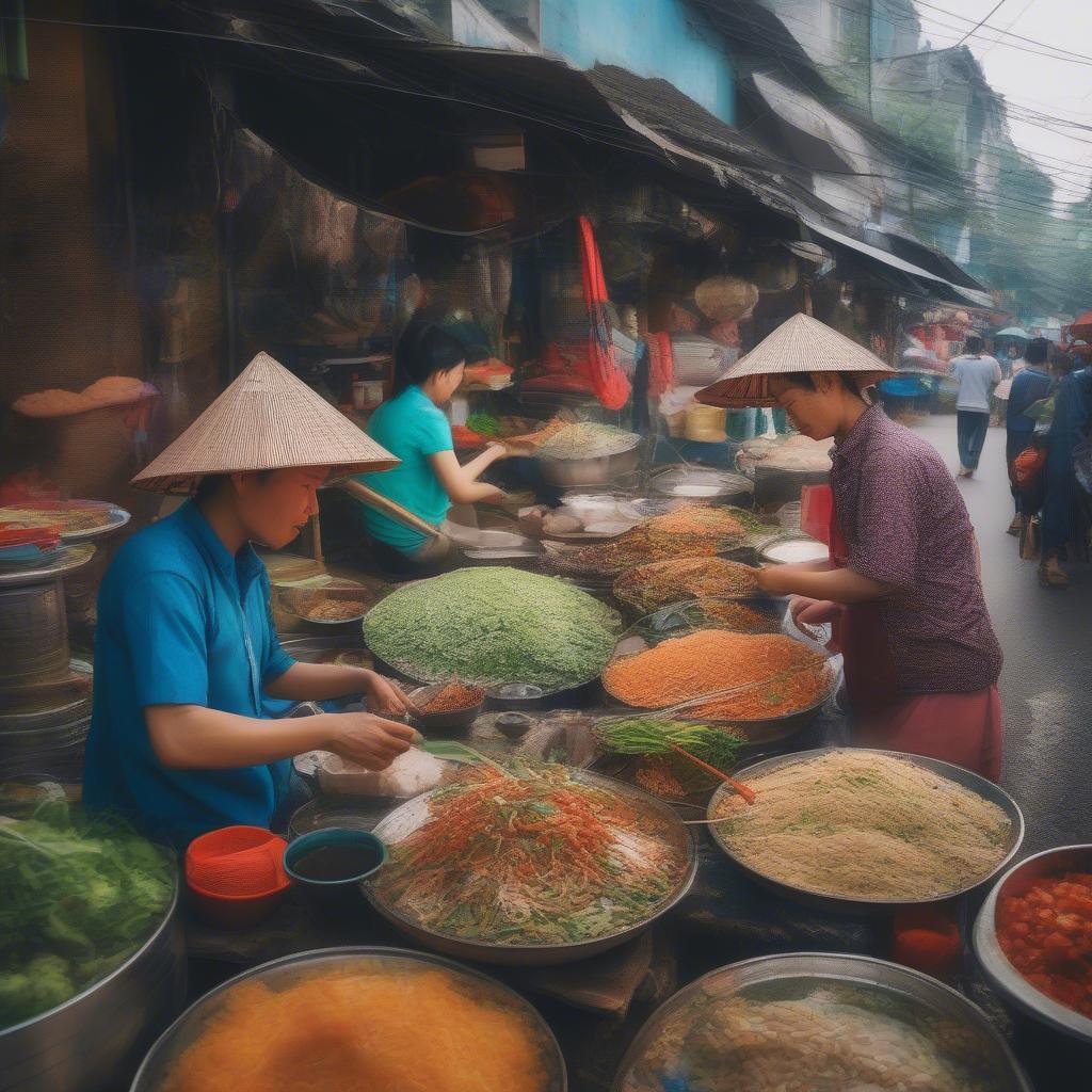 Vietnamese Street Food Vendors Preparing Fresh Dishes