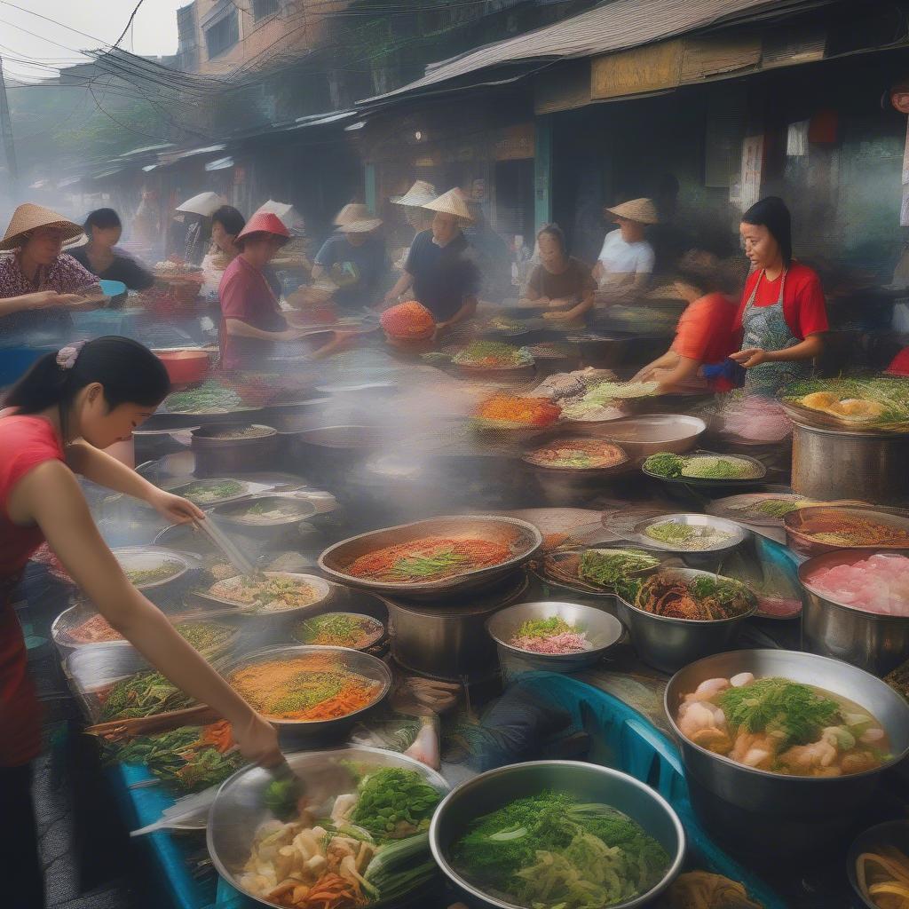 Busy Vietnamese street food vendors preparing and serving delicious dishes.