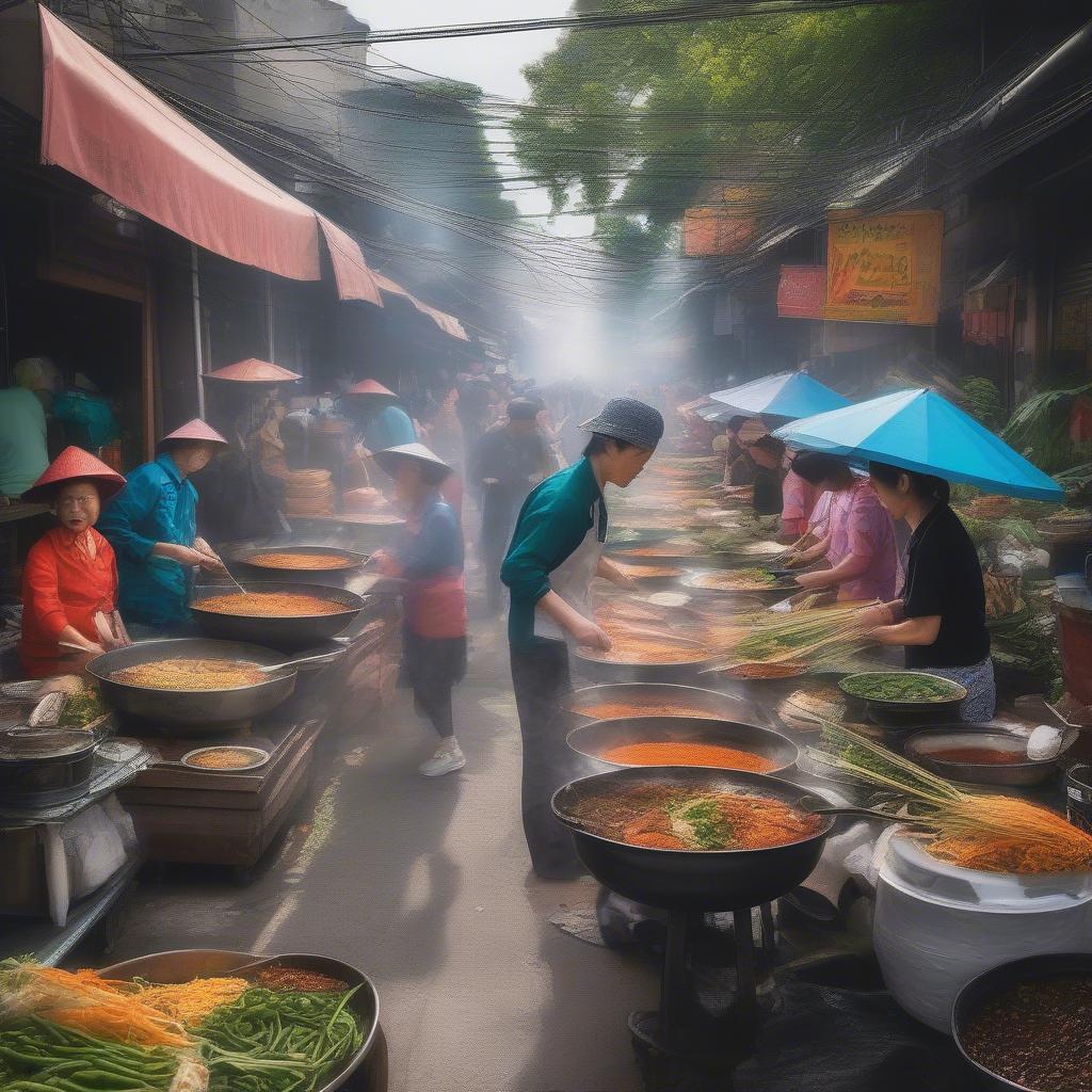 Busy Vietnamese street food vendors preparing and serving various dishes