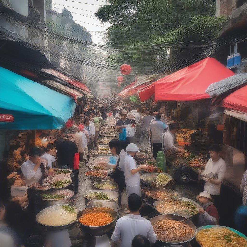 Busy Vietnamese street food vendors in Hanoi