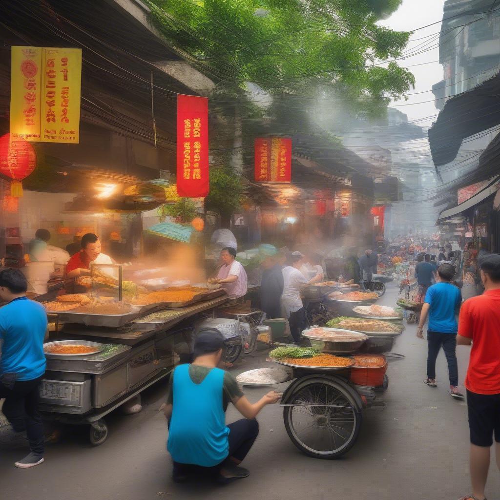 Hanoi street food vendors preparing delicious dishes