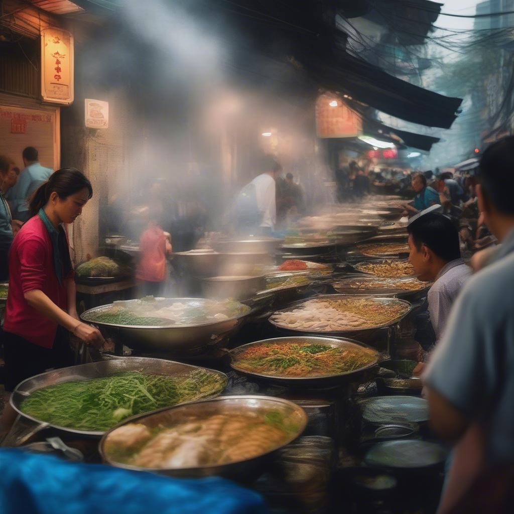 Street food vendors preparing and serving various dishes in Hanoi's Old Quarter.