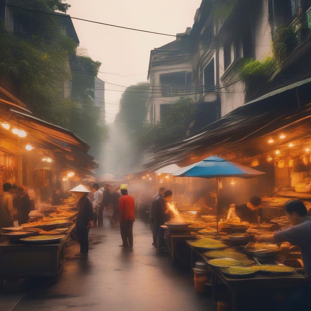 Street food vendors in Hanoi's Old Quarter preparing and serving traditional Vietnamese dishes.