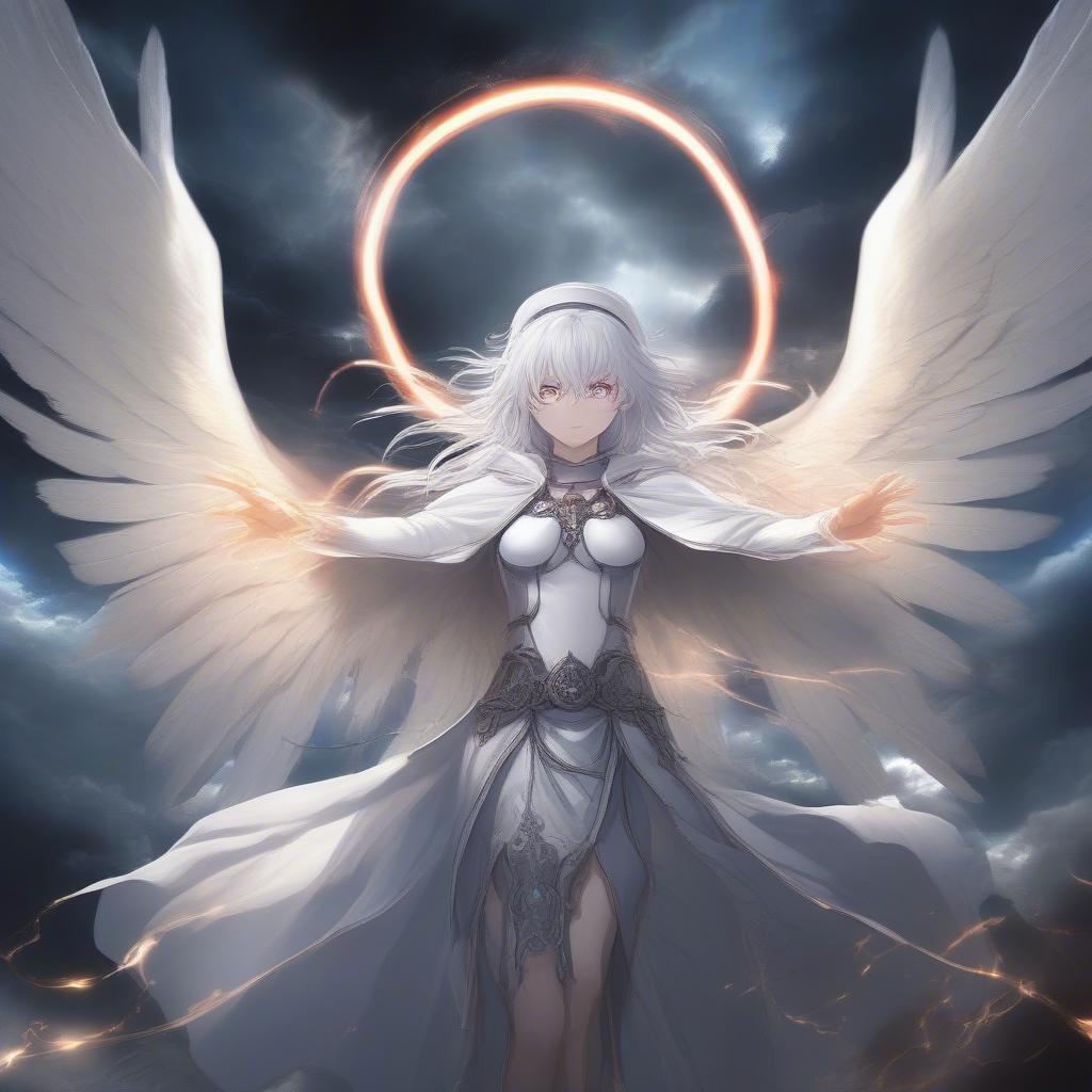 White-haired anime hero summoning a powerful angel in a dramatic scene