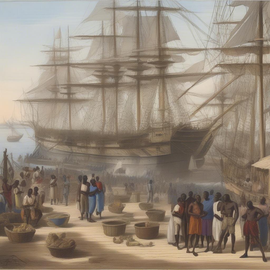 African Slave Trade: European Ships at Coastal Trading Posts