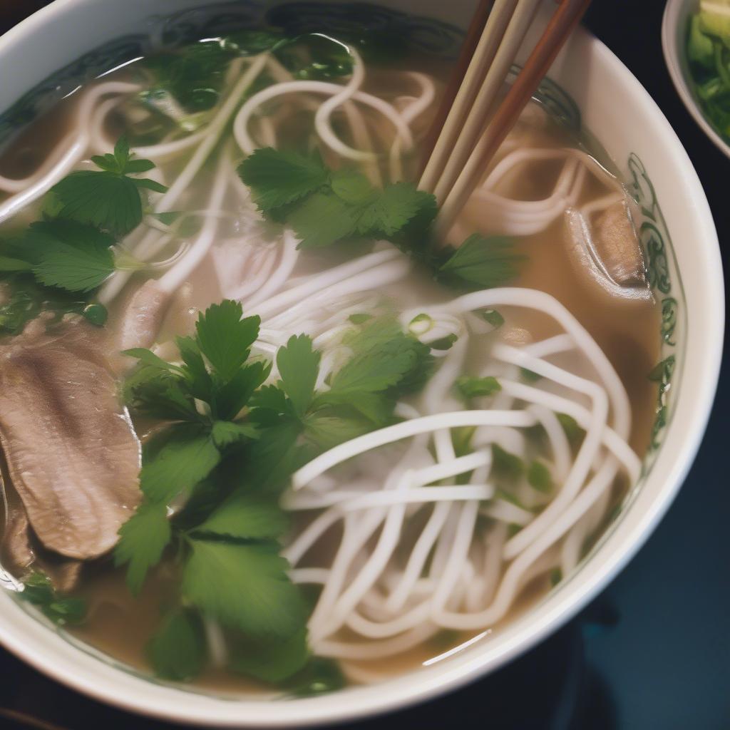 A steaming bowl of authentic Pho on a NYC street food stall