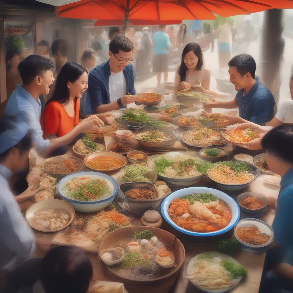 Diners Enjoying Vietnamese Street Food