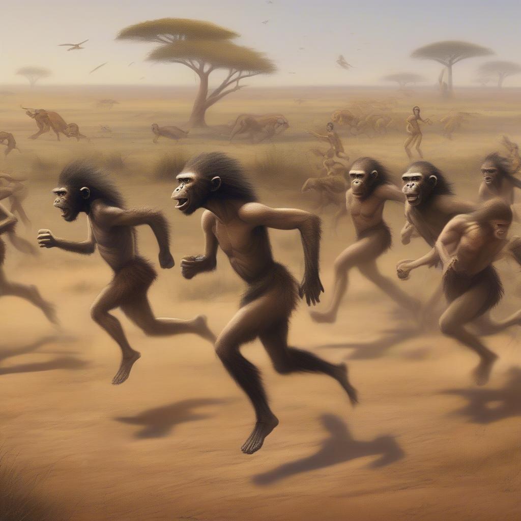 Early Humans Running Across the Savanna