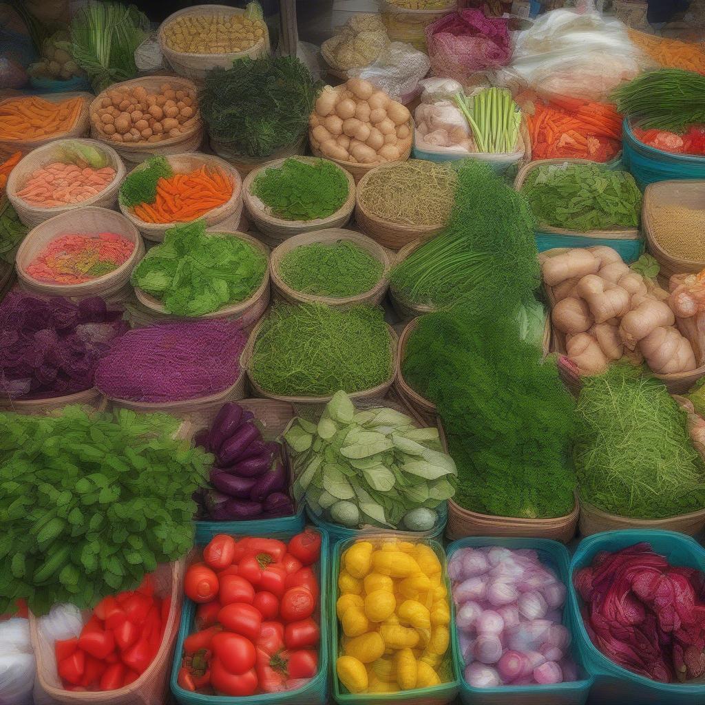 A colorful display of fresh herbs and vegetables at a Vietnamese market, essential ingredients for street food.