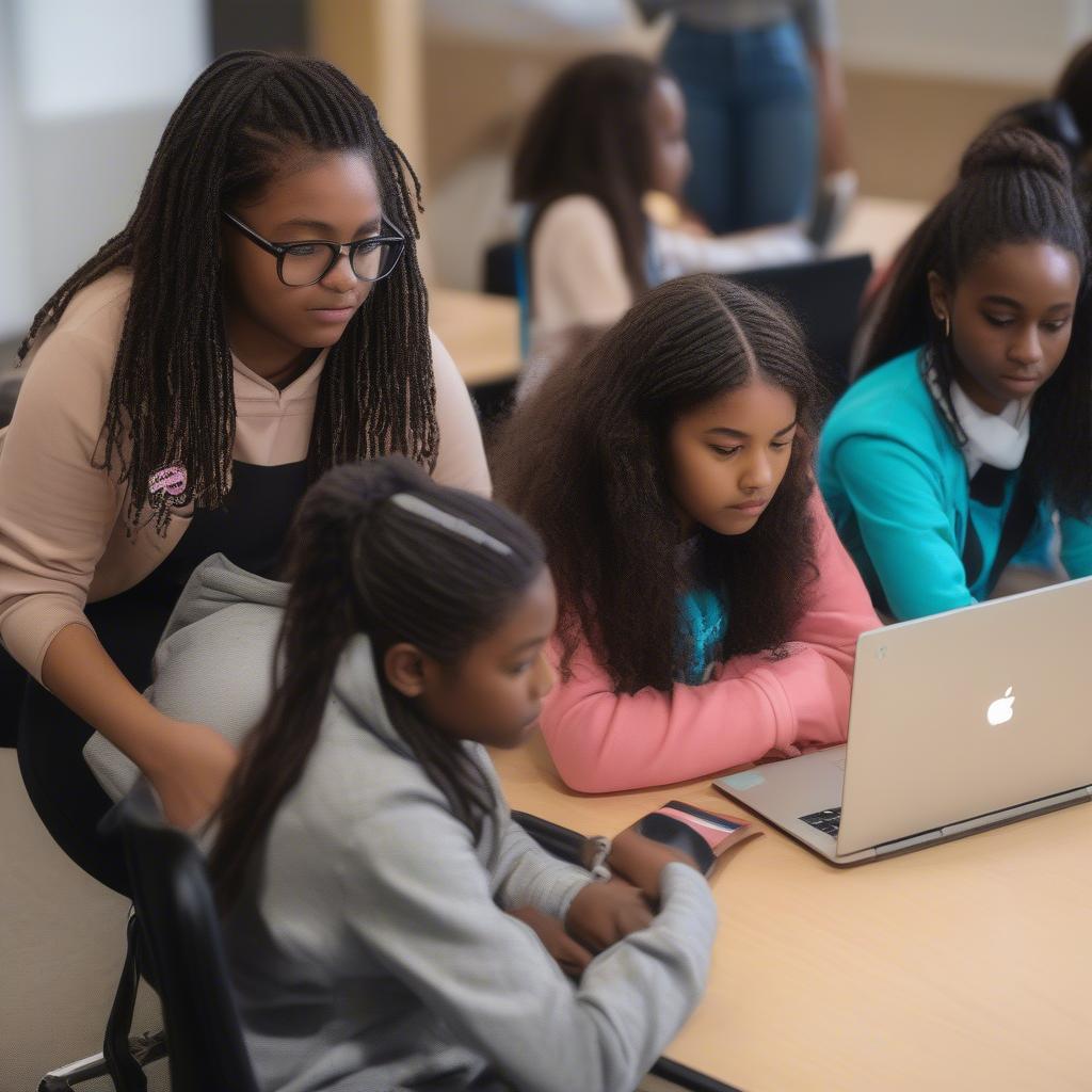 Girls learning to program at a Girls Who Code event