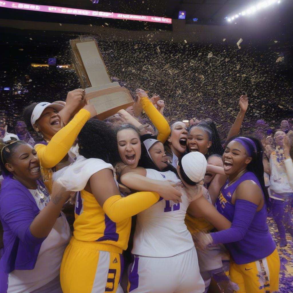 LSU celebrates their victory in the 2023 Women's March Madness Championship