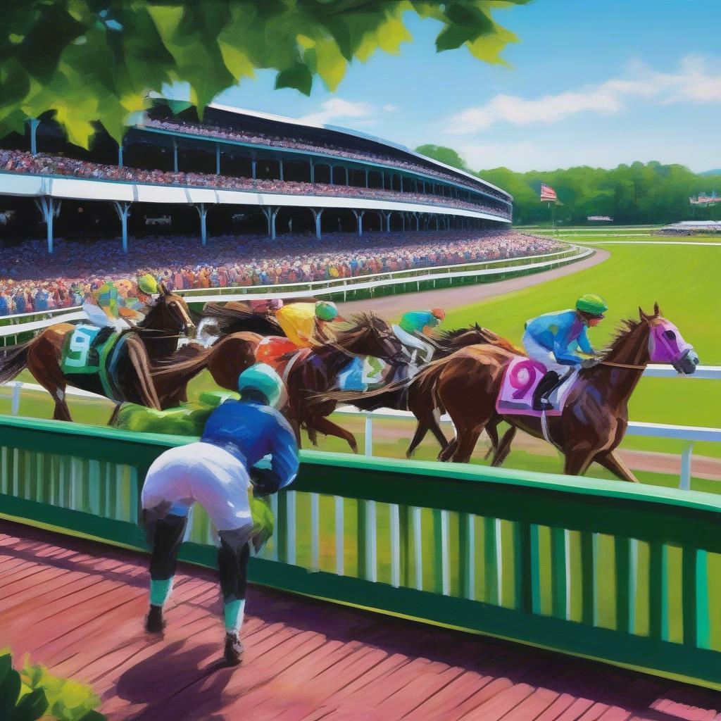 Jockeys preparing for a race at the Saratoga Race Course