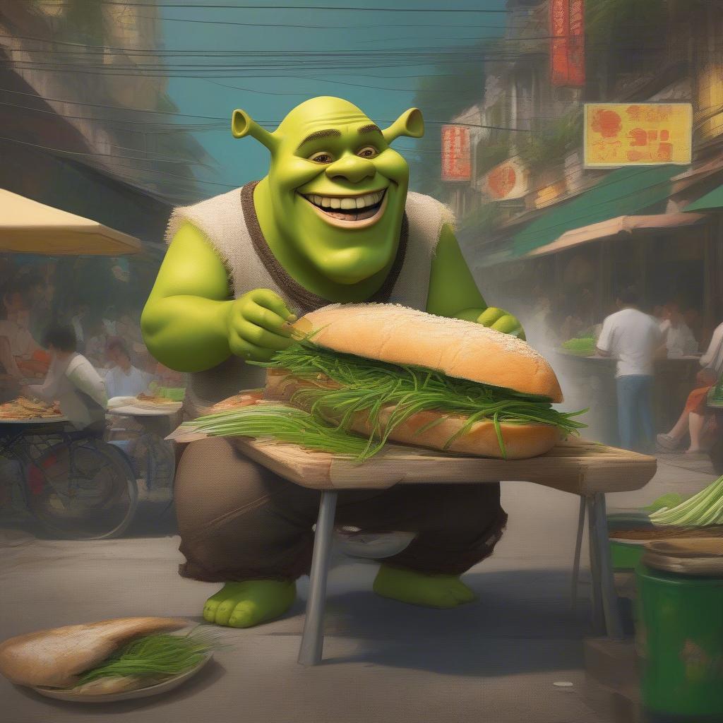 Shrek enjoys a Vietnamese banh mi sandwich with plenty of green onions