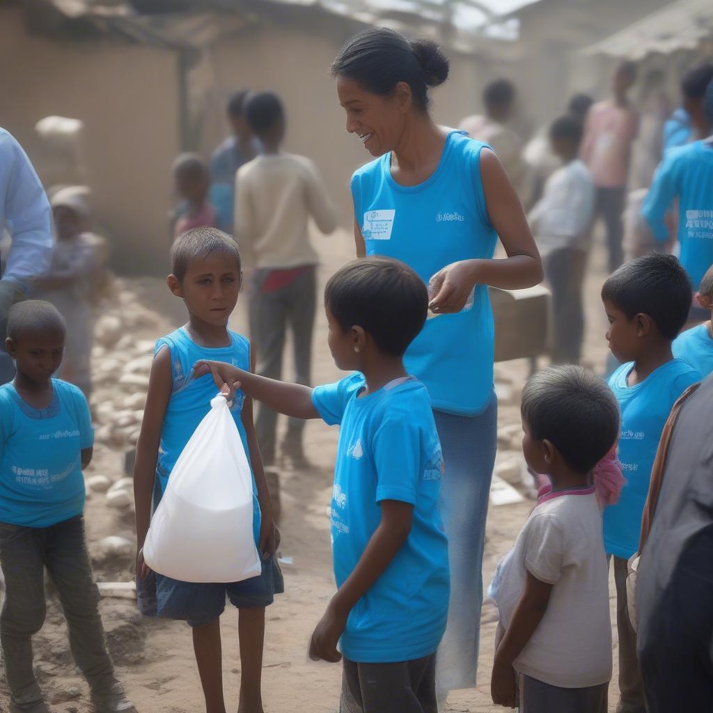 UNICEF Workers Distributing Aid to Children