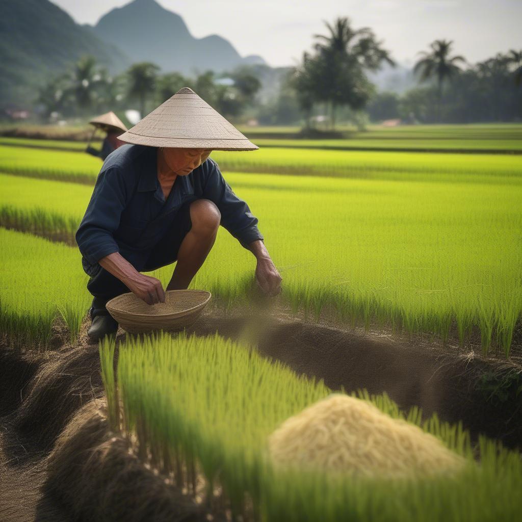 Vietnamese Rice Farmer Working in the Fields